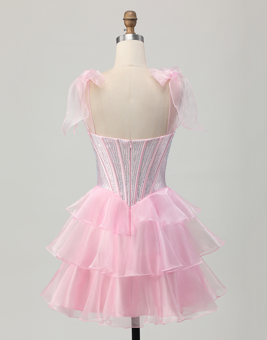 Sparkly Pink Ruffled A Line Short Corset Homecoming Dress with Beading