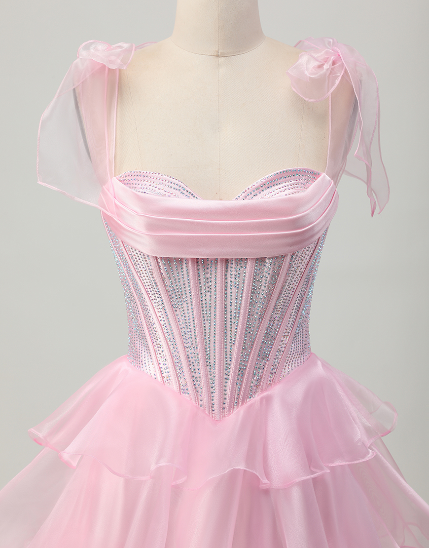Sparkly Pink Ruffled A Line Short Corset Homecoming Dress with Beading