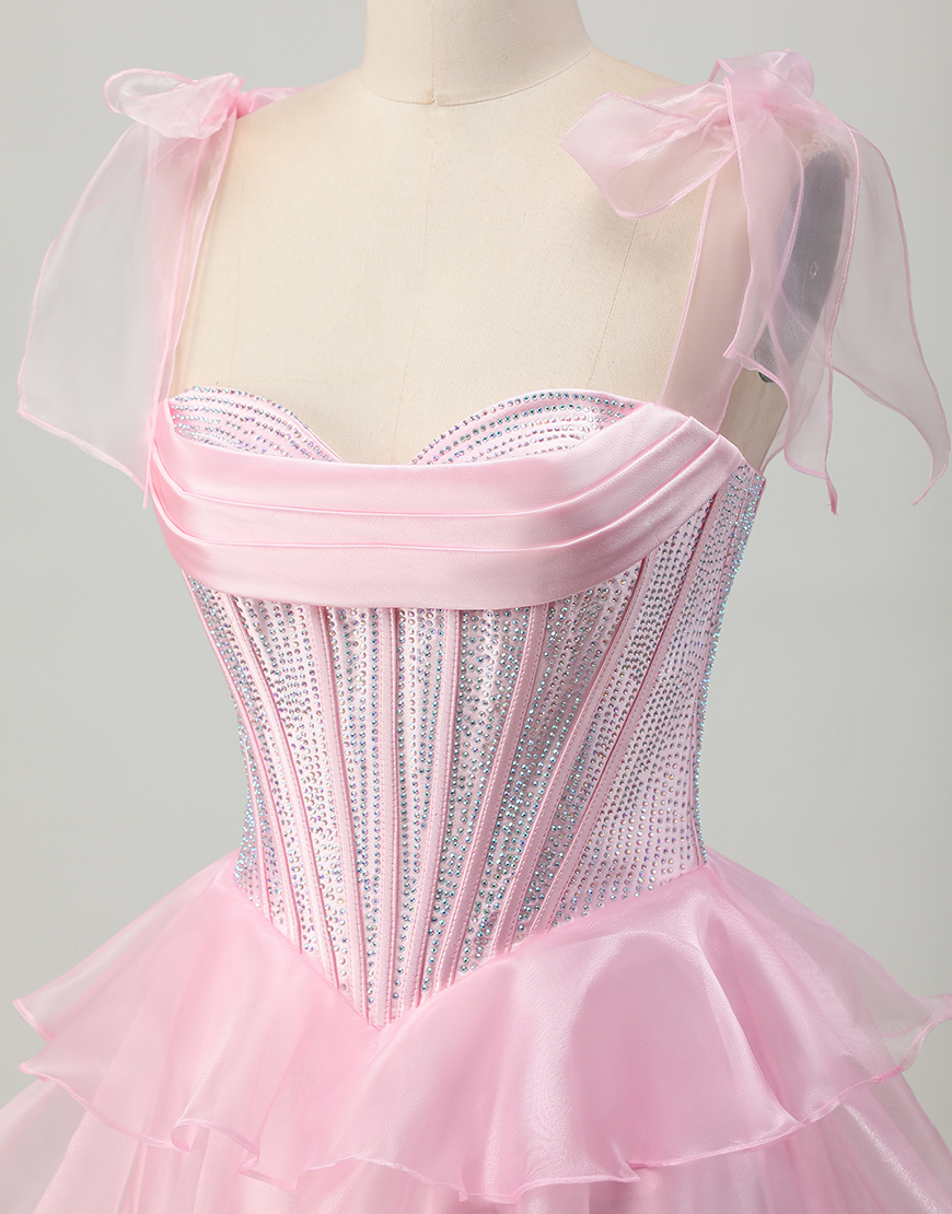 Sparkly Pink Ruffled A Line Short Corset Homecoming Dress with Beading