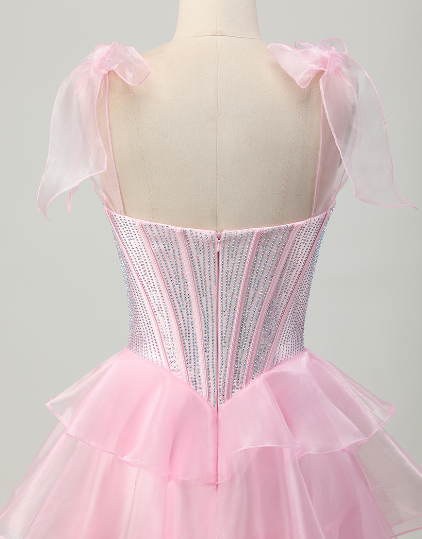 Sparkly Pink Ruffled A Line Short Corset Homecoming Dress with Beading
