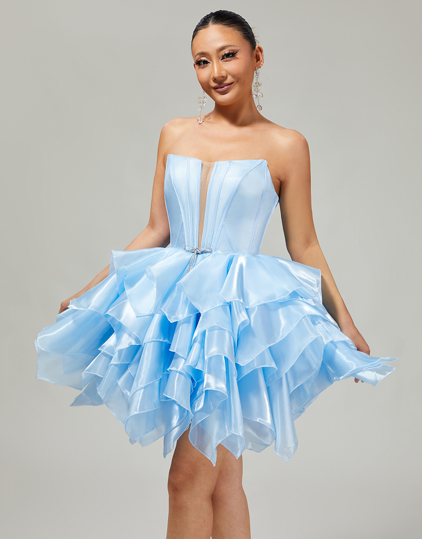 Blue A Line Strapless Short Corset Homecoming Dress with Ruffles