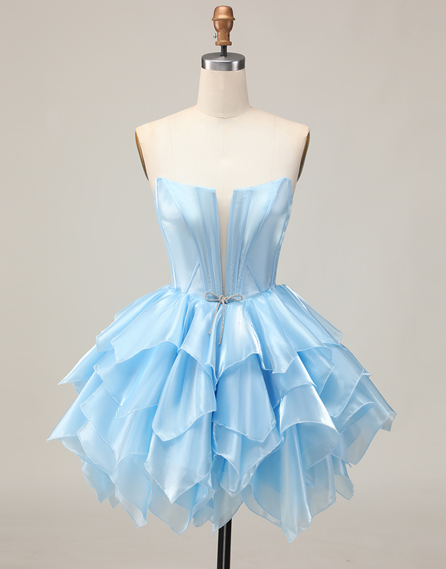Blue A Line Strapless Short Corset Homecoming Dress with Ruffles