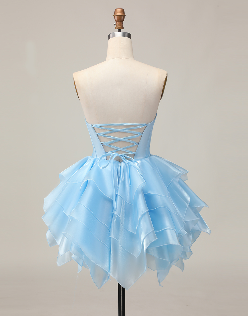 Blue A Line Strapless Short Corset Homecoming Dress with Ruffles