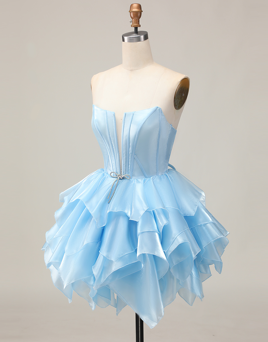Blue A Line Strapless Short Corset Homecoming Dress with Ruffles