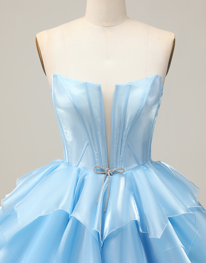 Blue A Line Strapless Short Corset Homecoming Dress with Ruffles