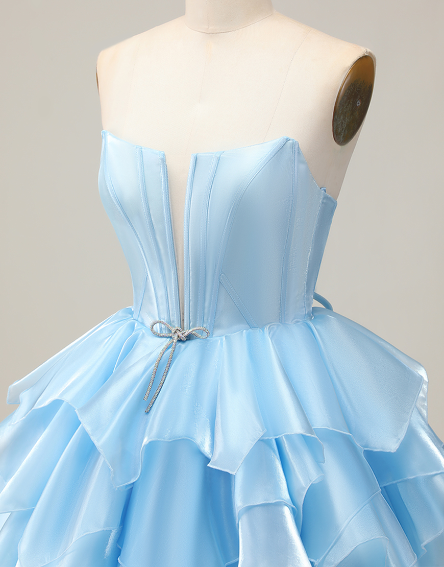 Blue A Line Strapless Short Corset Homecoming Dress with Ruffles