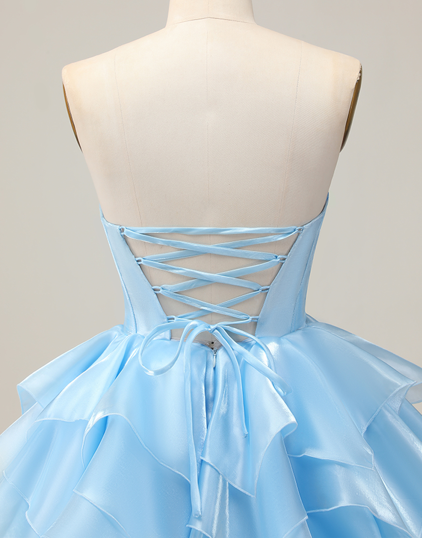 Blue A Line Strapless Short Corset Homecoming Dress with Ruffles