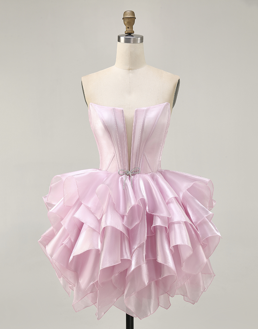 Pink Strapless A Line Corset Tiered Short Homecoming Dress with Ruffles
