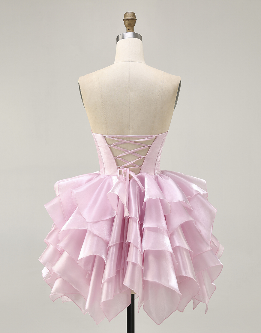 Pink Strapless A Line Corset Tiered Short Homecoming Dress with Ruffles