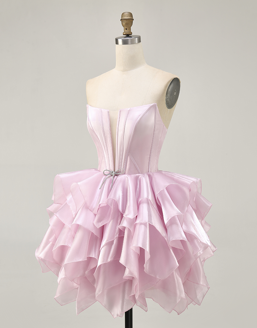 Blue A Line Strapless Short Corset Homecoming Dress with Ruffles