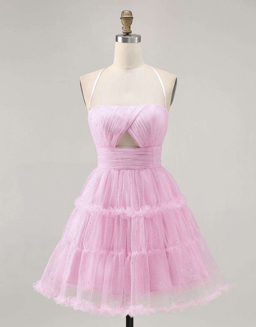 Glitter Pink Ruffled A Line Halter Short Homecoming Dress with Keyhole