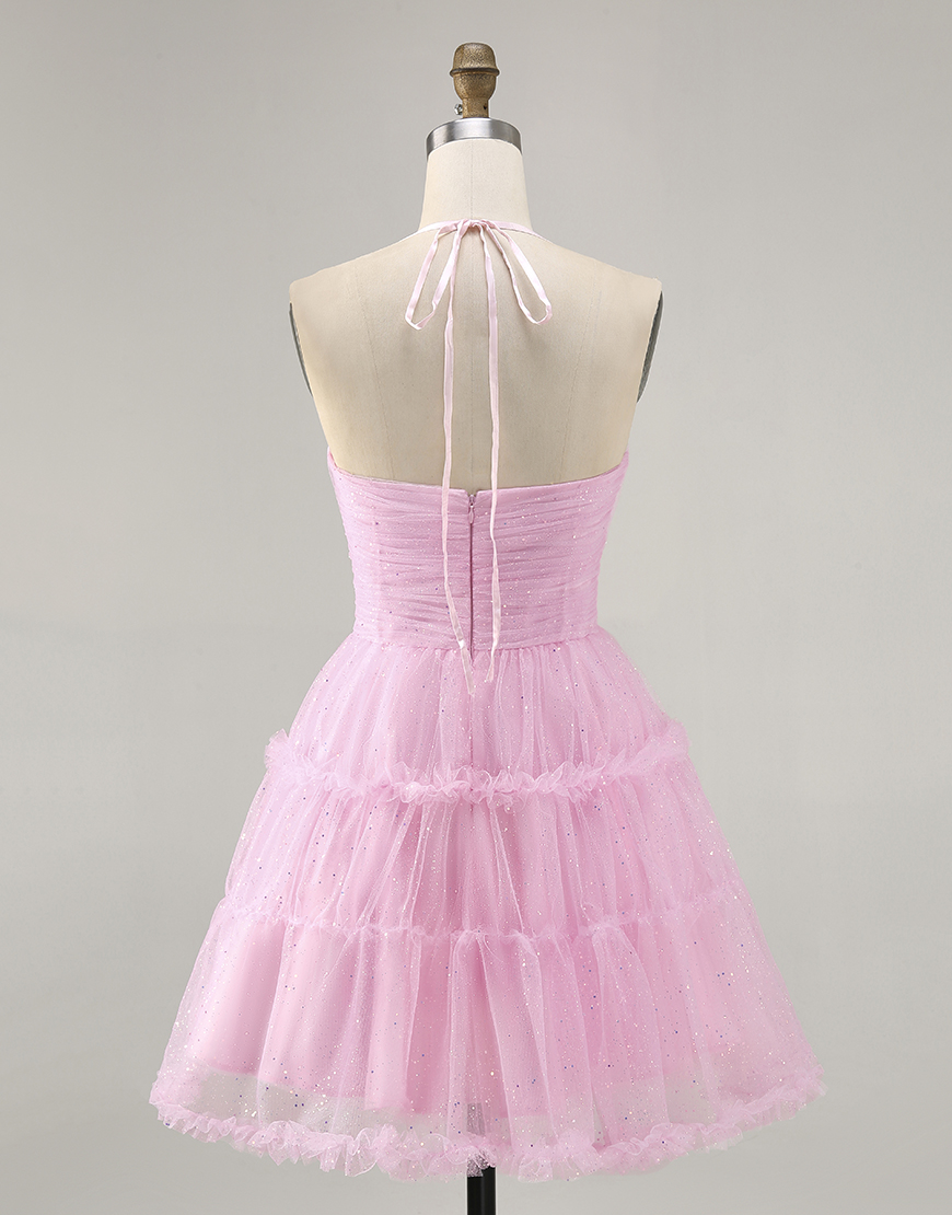 Glitter Pink Ruffled A Line Halter Short Homecoming Dress with Keyhole