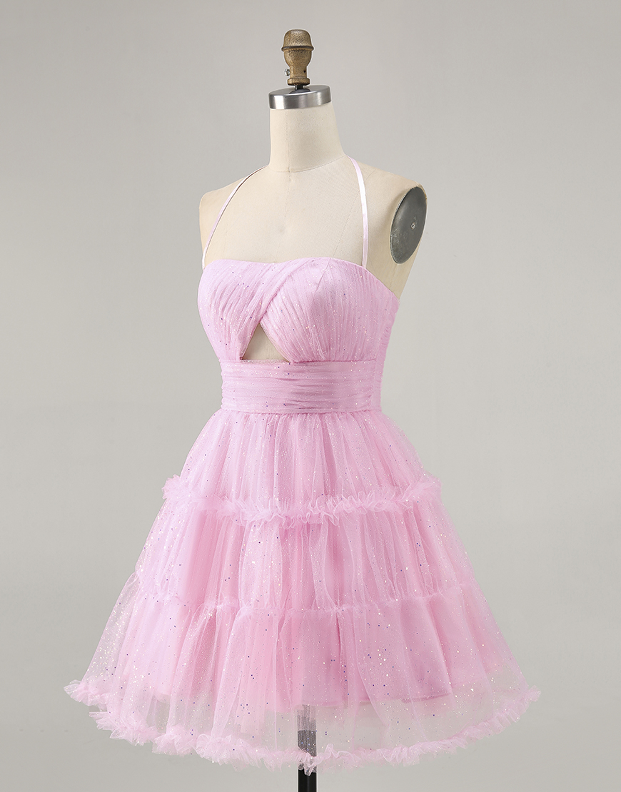 Glitter Pink Ruffled A Line Halter Short Homecoming Dress with Keyhole