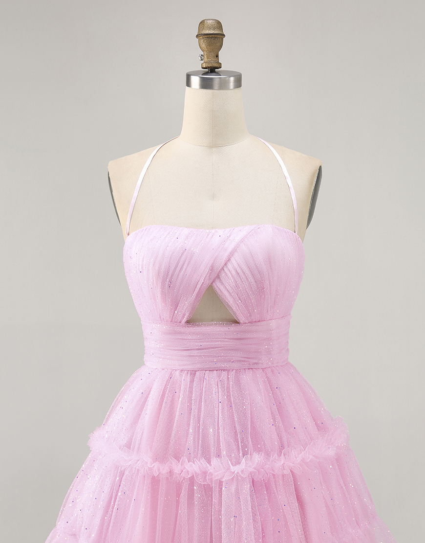 Glitter Pink Ruffled A Line Halter Short Homecoming Dress with Keyhole