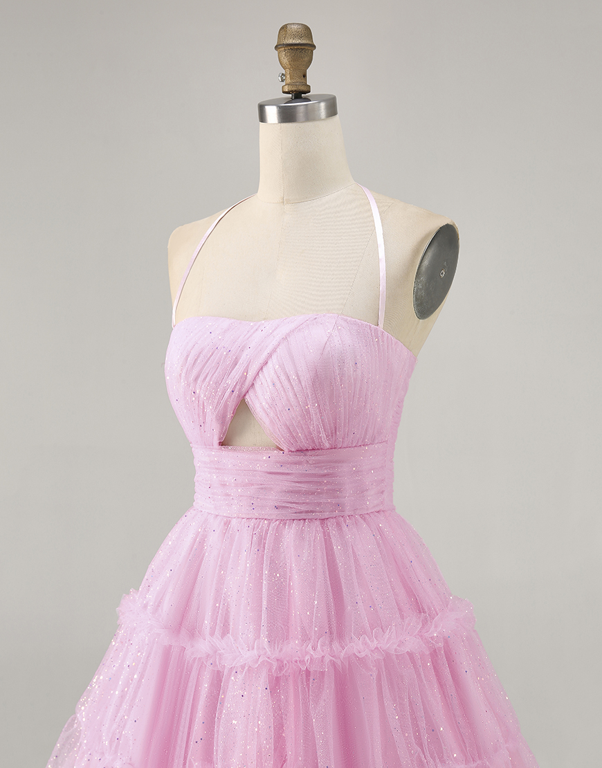 Glitter Pink Ruffled A Line Halter Short Homecoming Dress with Keyhole