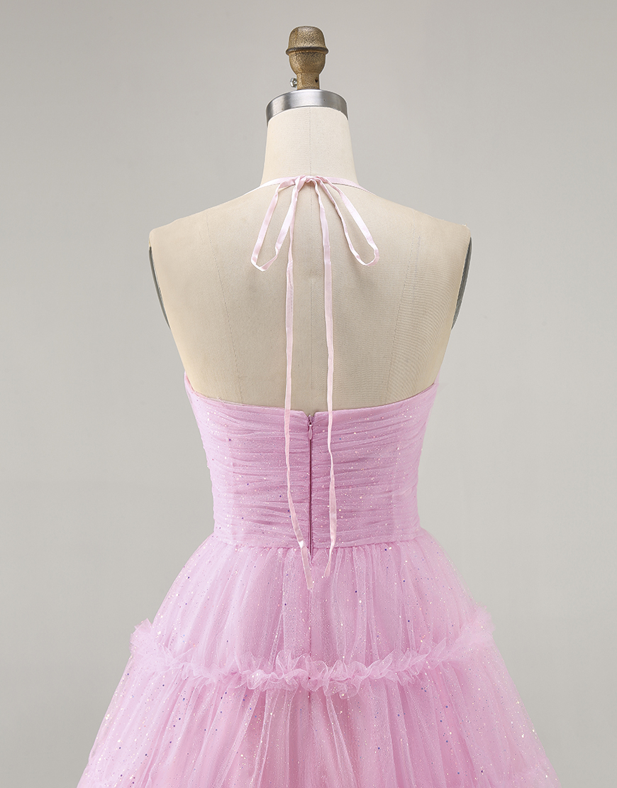 Glitter Pink Ruffled A Line Halter Short Homecoming Dress with Keyhole