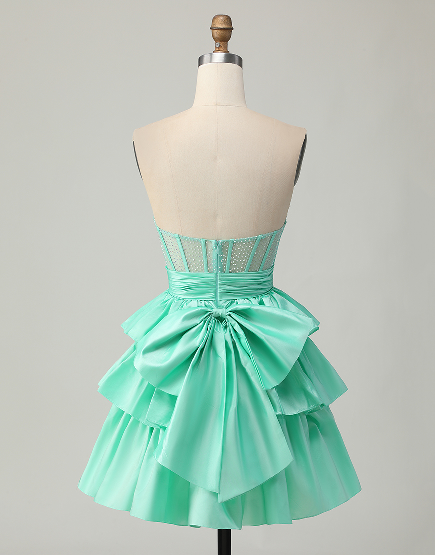 Sparkly Green Ruffled Strapless Short Corset Homecoming Dress with Bow
