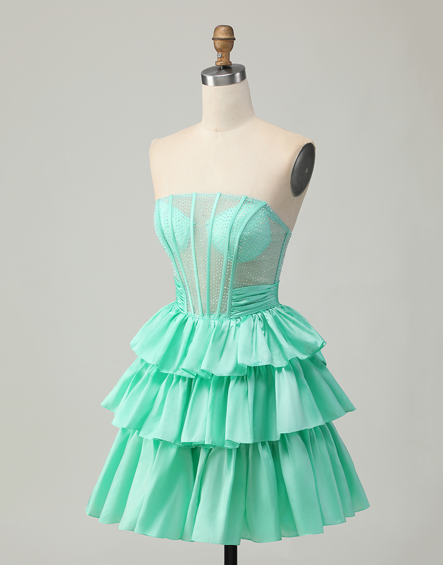 Sparkly Red Ruffled Strapless Short Corset Homecoming Dress with Bow