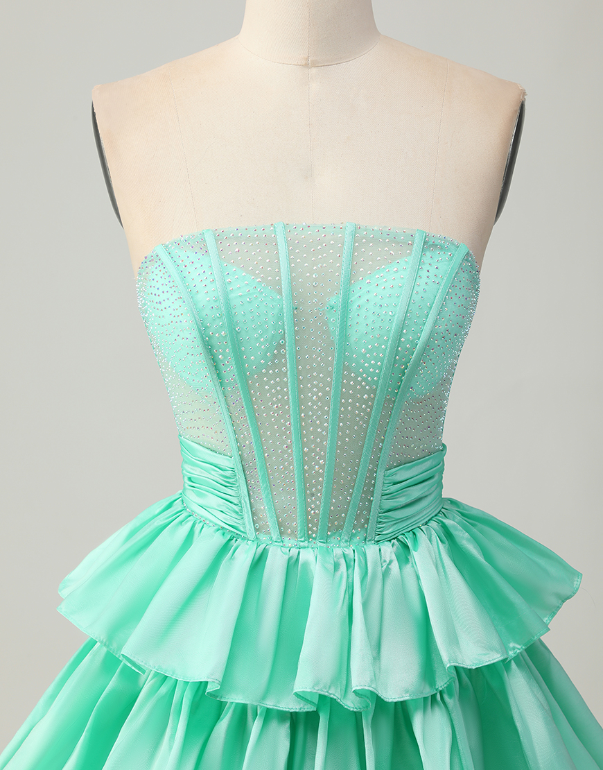 Sparkly Red Ruffled Strapless Short Corset Homecoming Dress with Bow