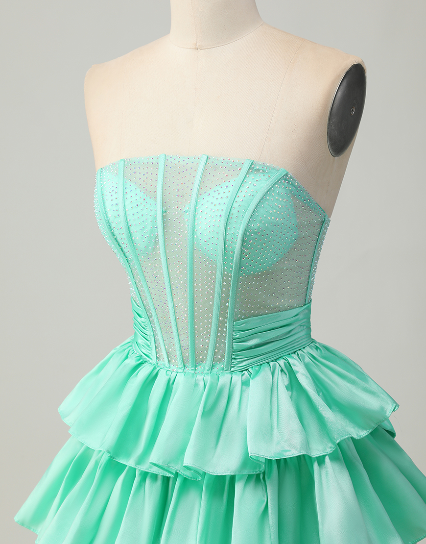 Sparkly Red Ruffled Strapless Short Corset Homecoming Dress with Bow