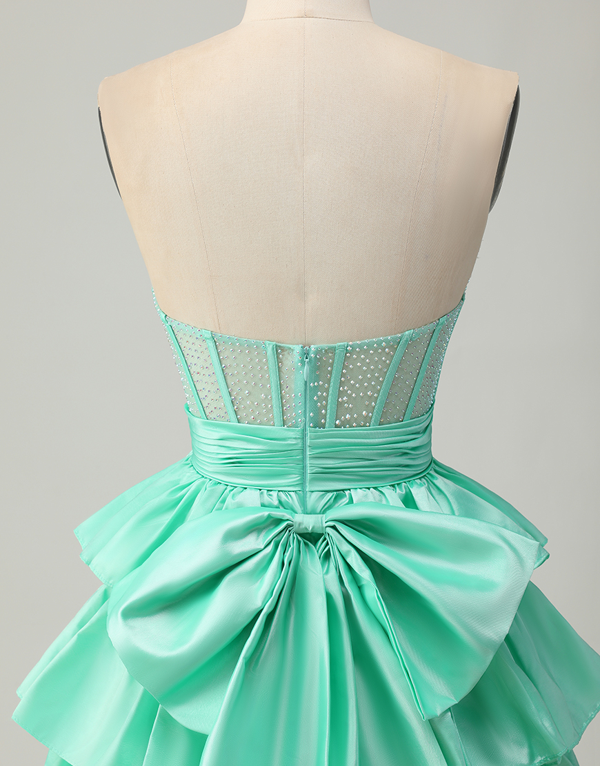 Sparkly Red Ruffled Strapless Short Corset Homecoming Dress with Bow