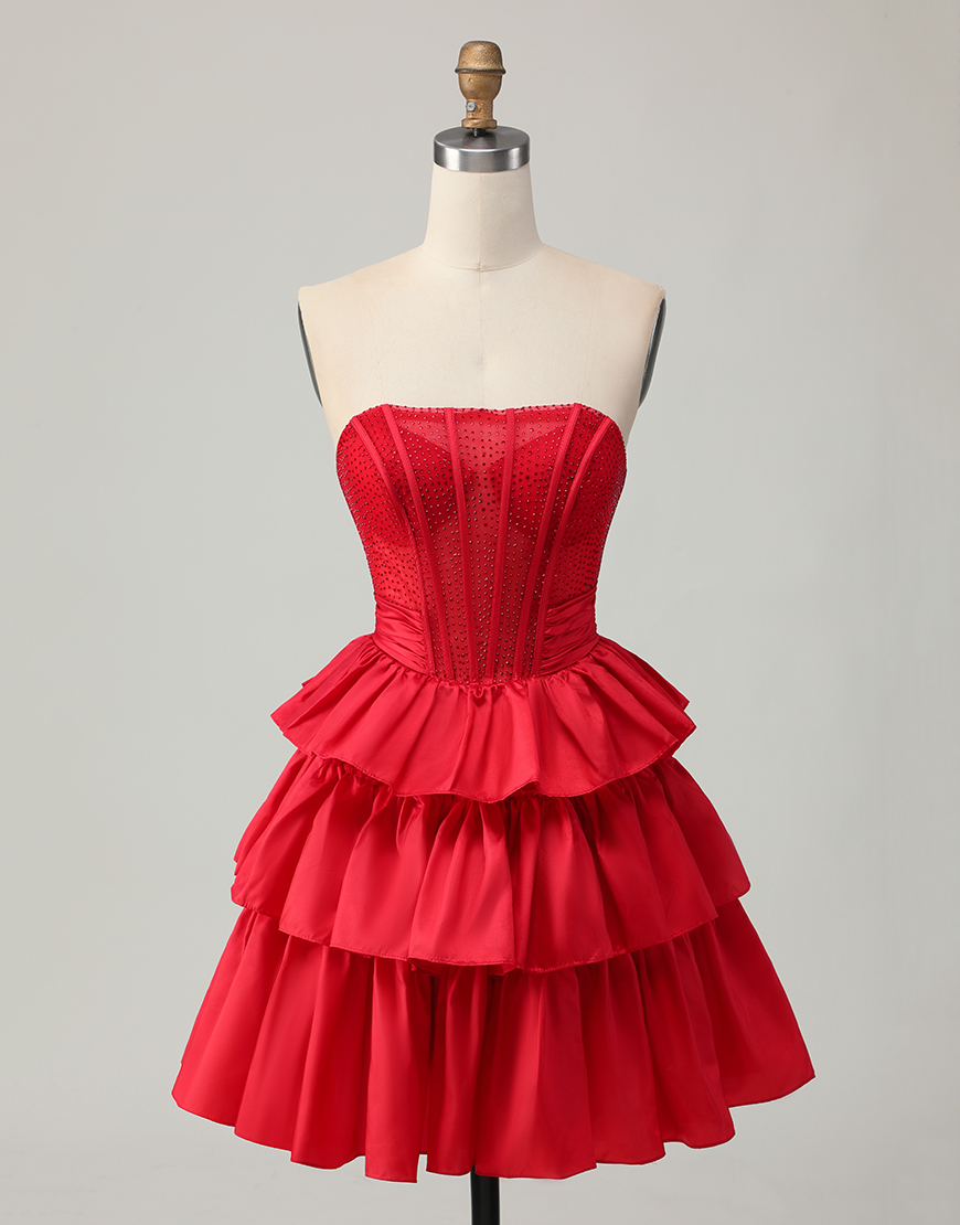 Sparkly Red Ruffled Strapless Short Corset Homecoming Dress with Bow