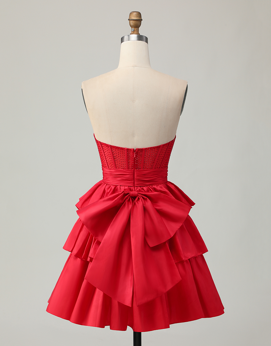 Sparkly Red Ruffled Strapless Short Corset Homecoming Dress with Bow