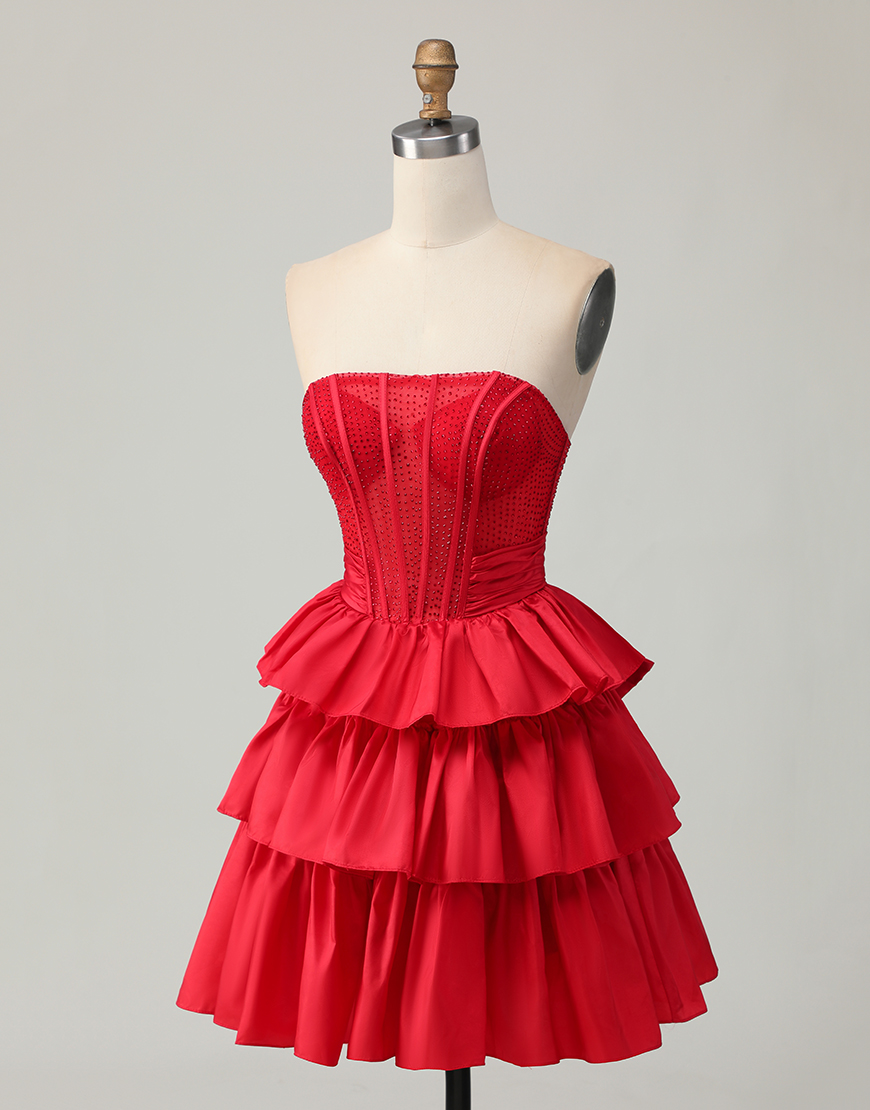 Sparkly Red Ruffled Strapless Short Corset Homecoming Dress with Bow