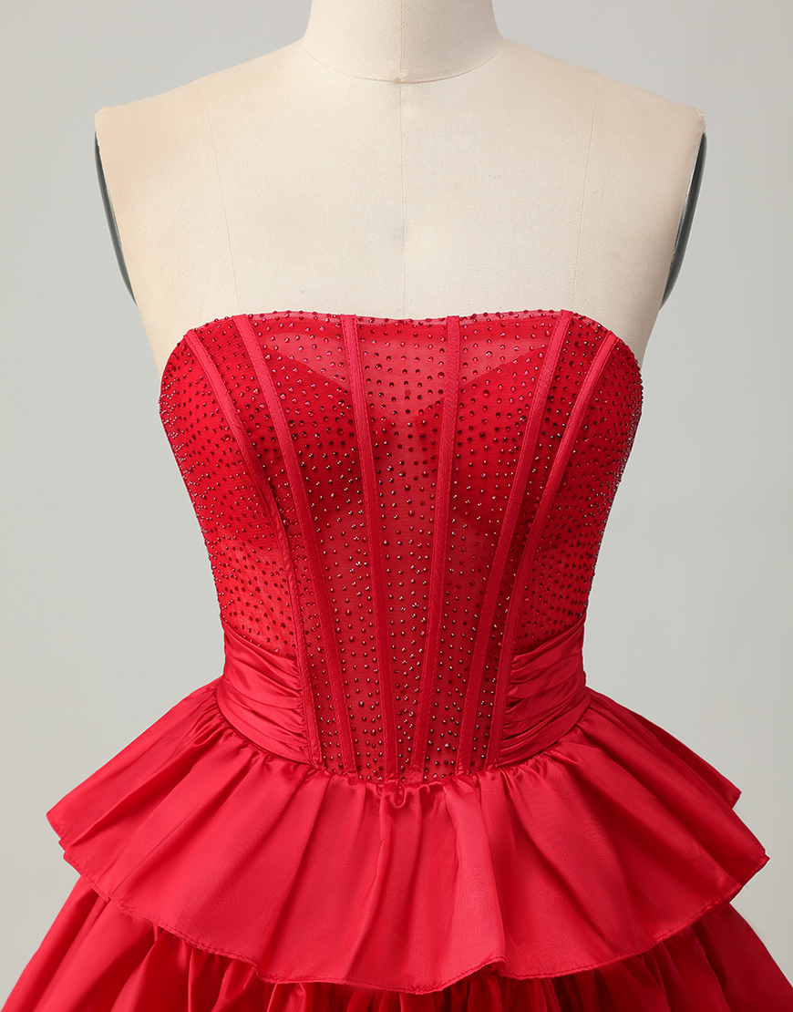 Sparkly Red Ruffled Strapless Short Corset Homecoming Dress with Bow