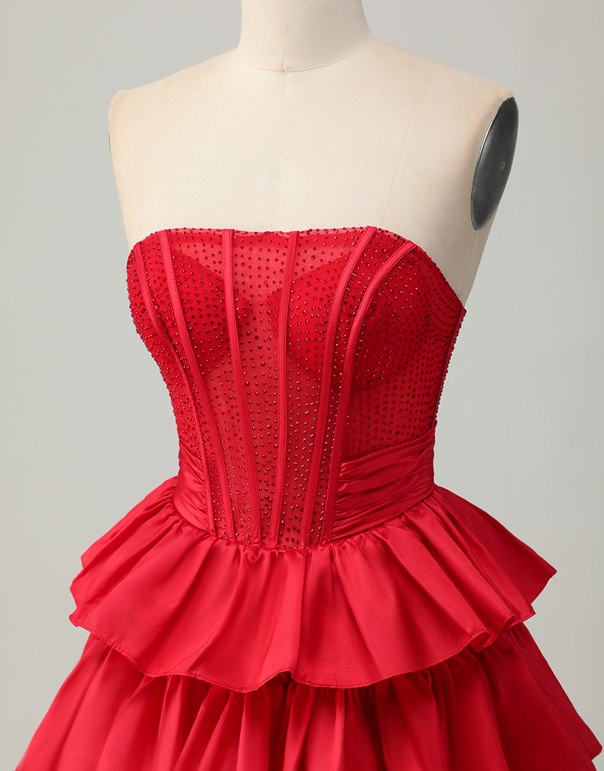 Sparkly Red Ruffled Strapless Short Corset Homecoming Dress with Bow