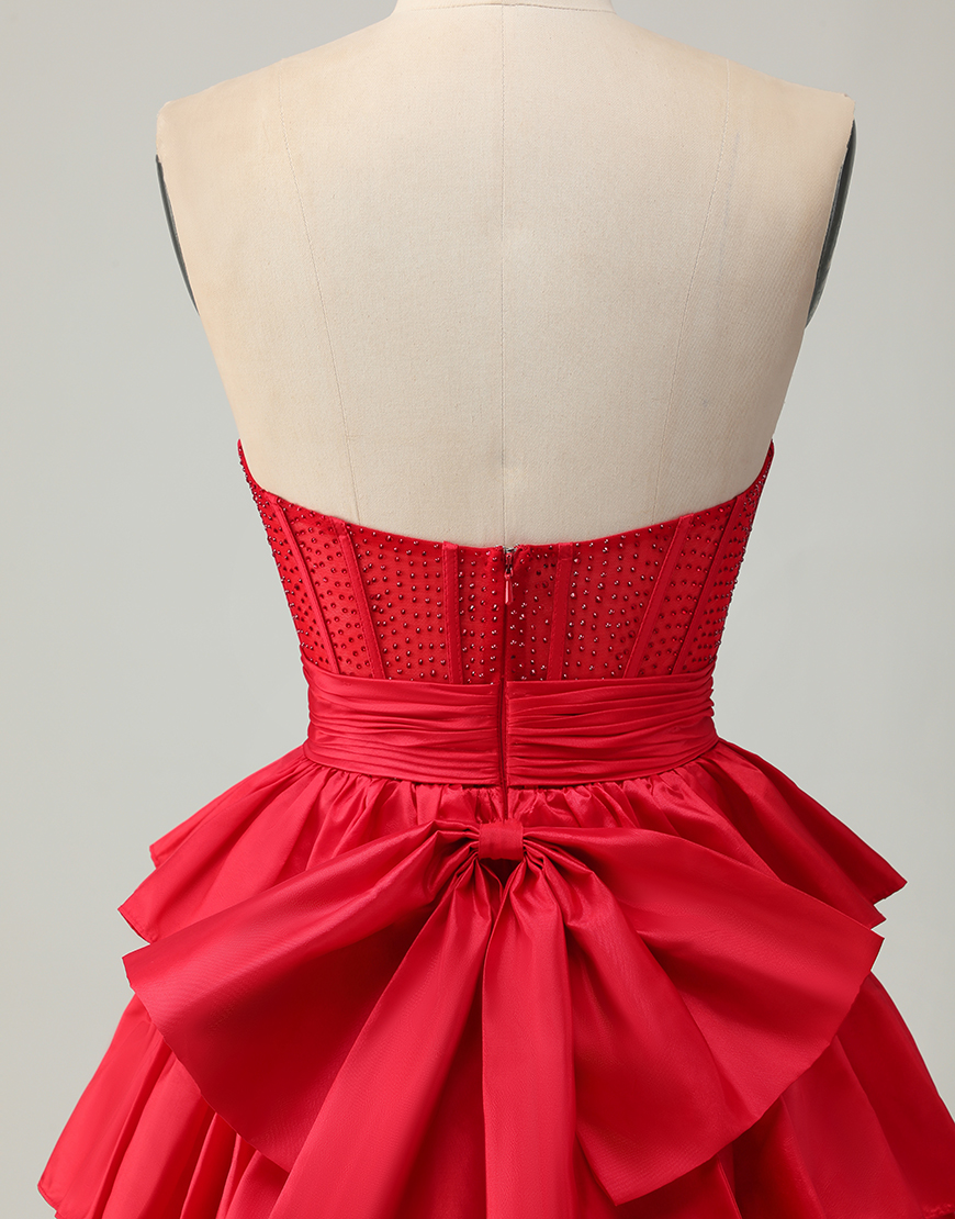 Sparkly Red Ruffled Strapless Short Corset Homecoming Dress with Bow
