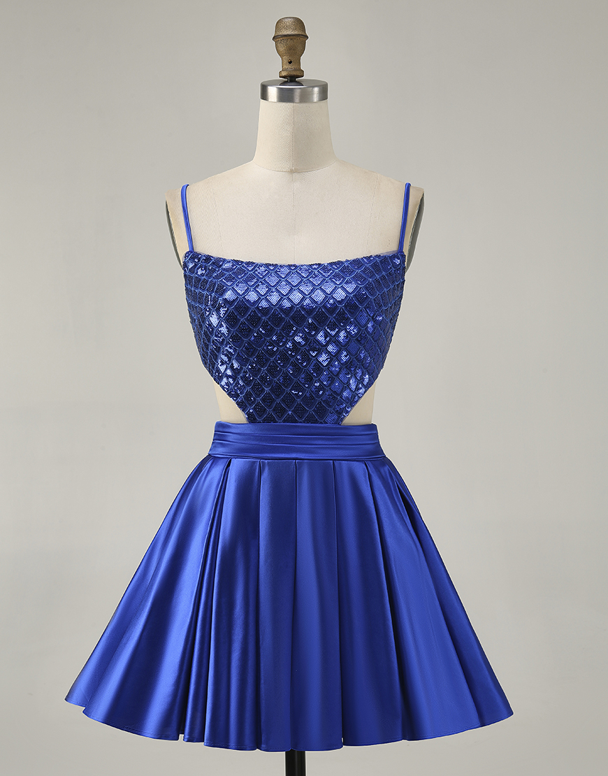 Royal Blue A Line Spaghetti Straps Satin Short Homecoming Dress