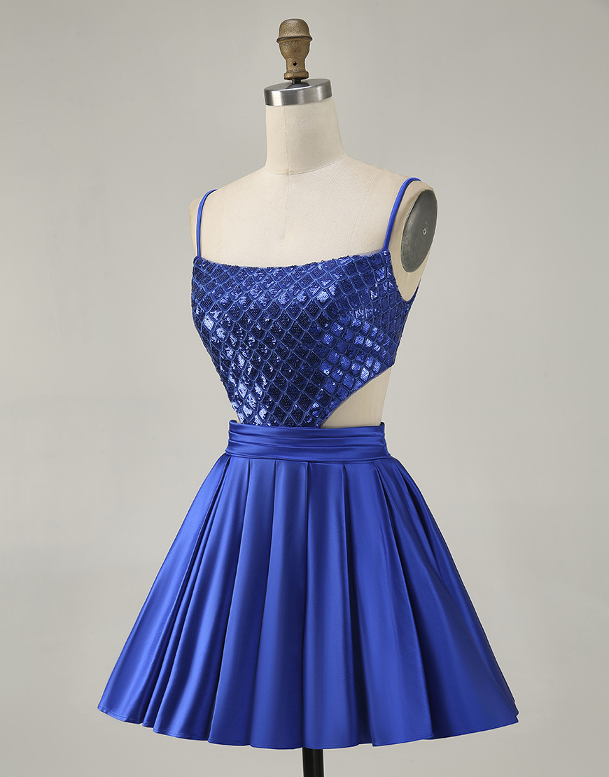 Royal Blue A Line Spaghetti Straps Satin Short Homecoming Dress