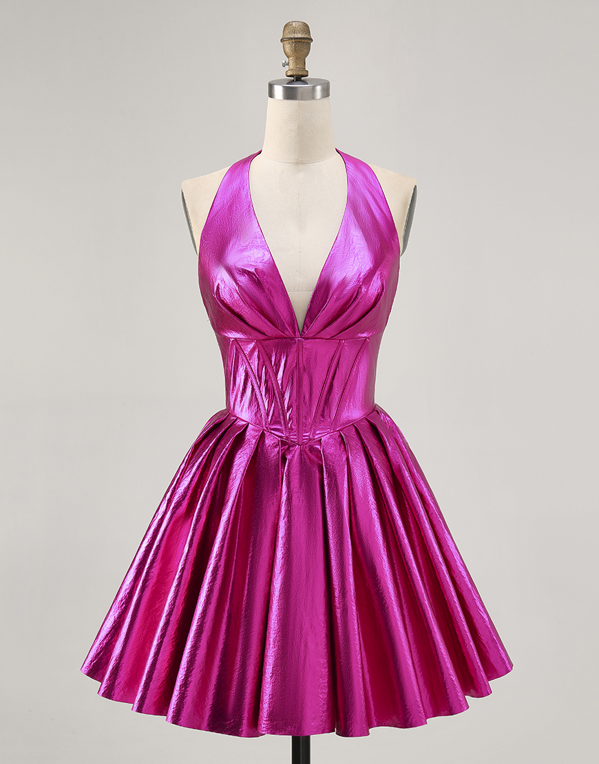 Sparkly Fuchsia Metallic A Line Halter Short Corset Homecoming Dress