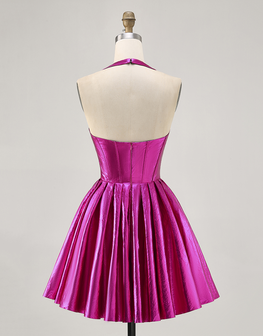 Sparkly Fuchsia Metallic A Line Halter Short Corset Homecoming Dress
