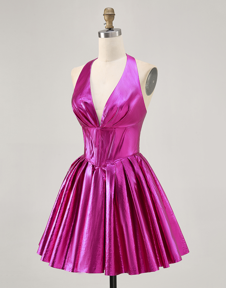 Sparkly Fuchsia Metallic A Line Halter Short Corset Homecoming Dress