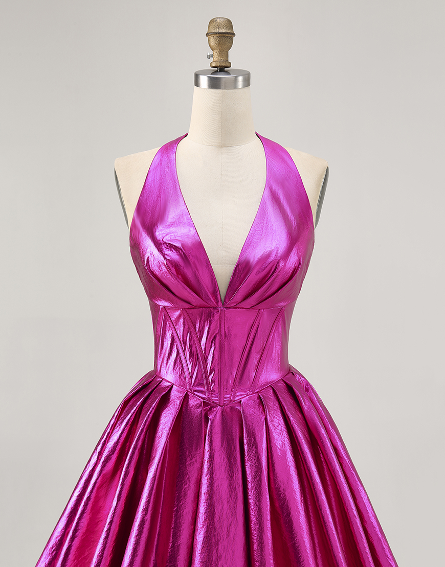 Sparkly Fuchsia Metallic A Line Halter Short Corset Homecoming Dress