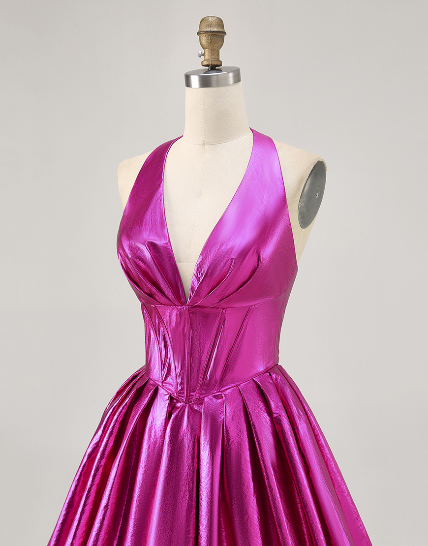 Sparkly Fuchsia Metallic A Line Halter Short Corset Homecoming Dress
