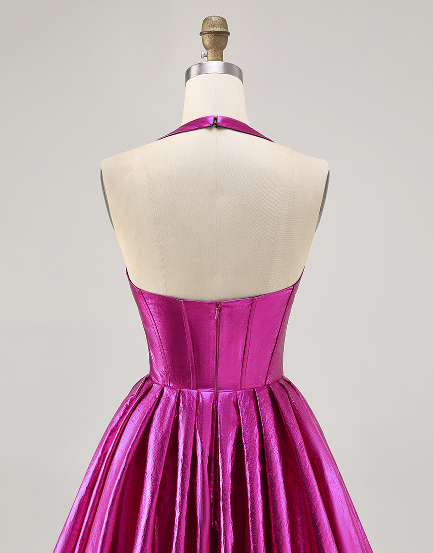 Sparkly Fuchsia Metallic A Line Halter Short Corset Homecoming Dress