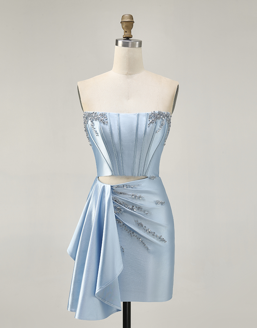 Sparkly Dark Green Strapless Satin Short Corset Homecoming Dress with Sash