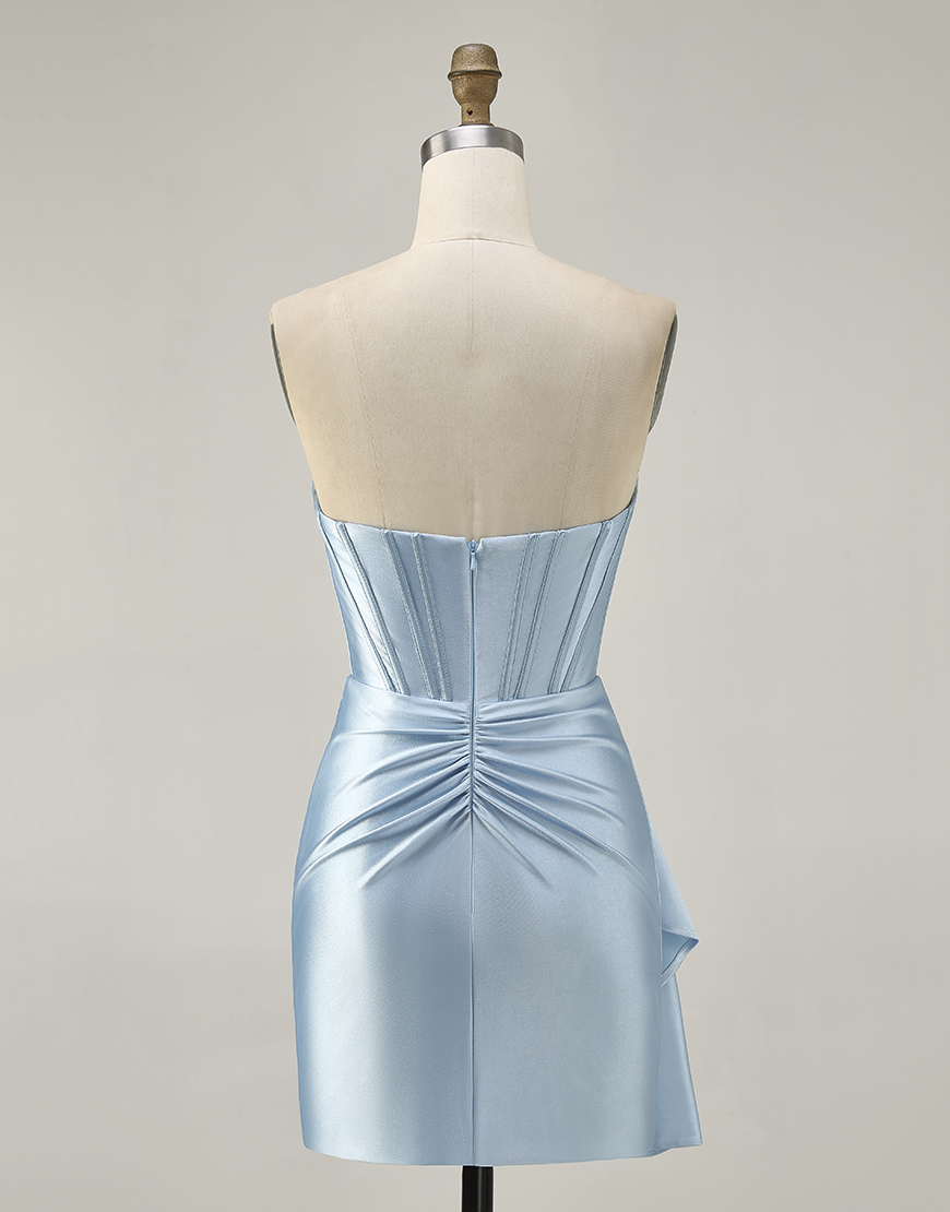 Sparkly Dark Green Strapless Satin Short Corset Homecoming Dress with Sash