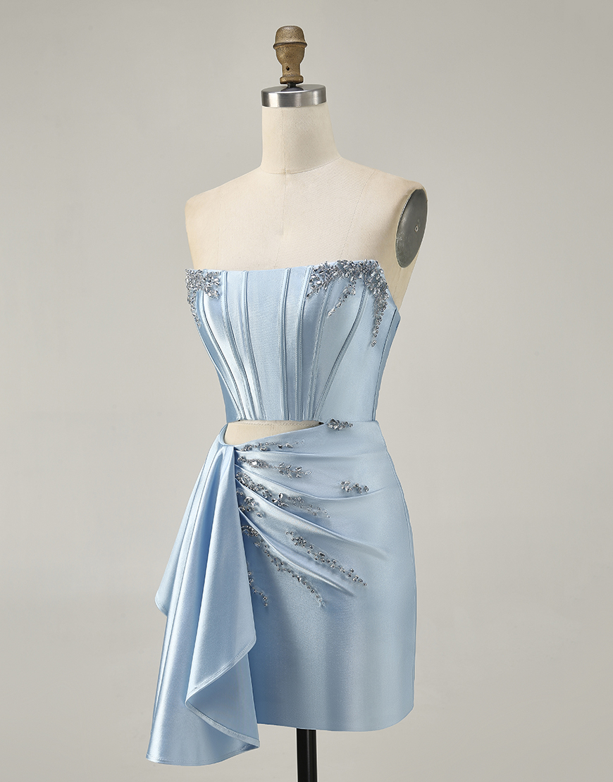 Sparkly Dark Green Strapless Satin Short Corset Homecoming Dress with Sash