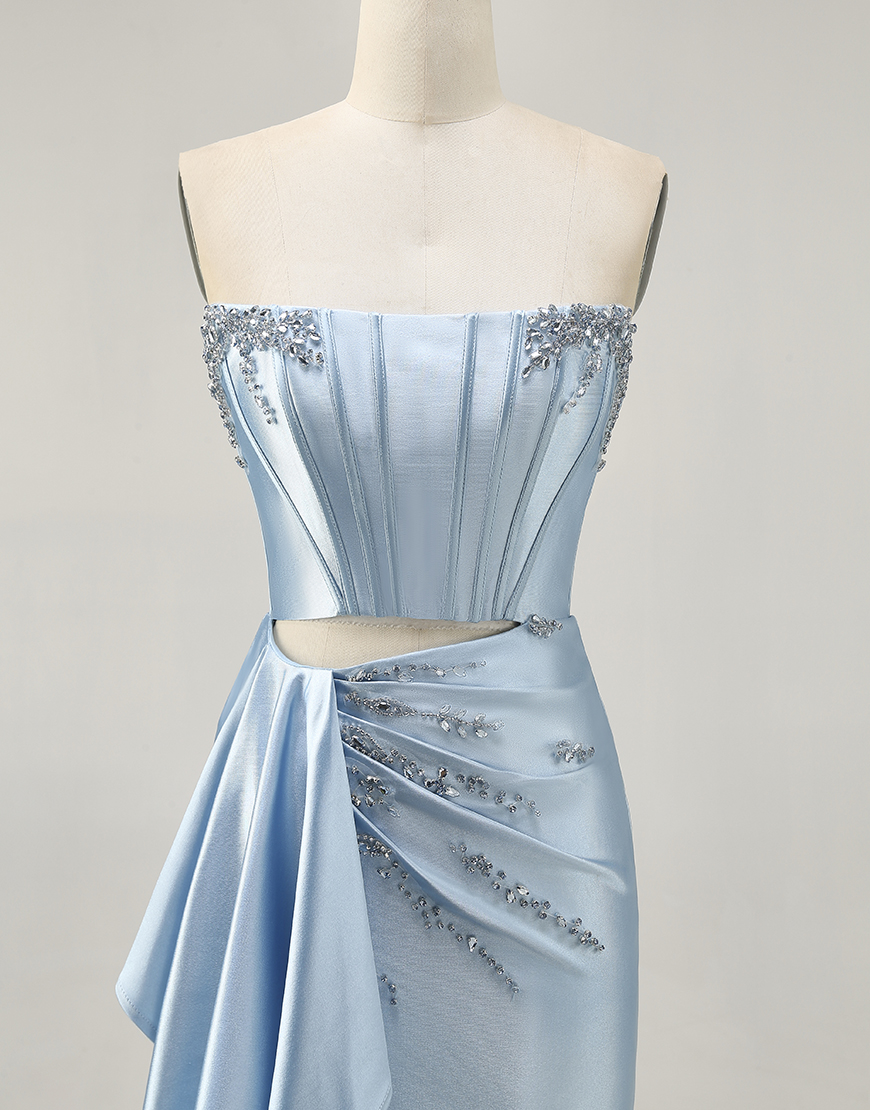 Sparkly Dark Green Strapless Satin Short Corset Homecoming Dress with Sash