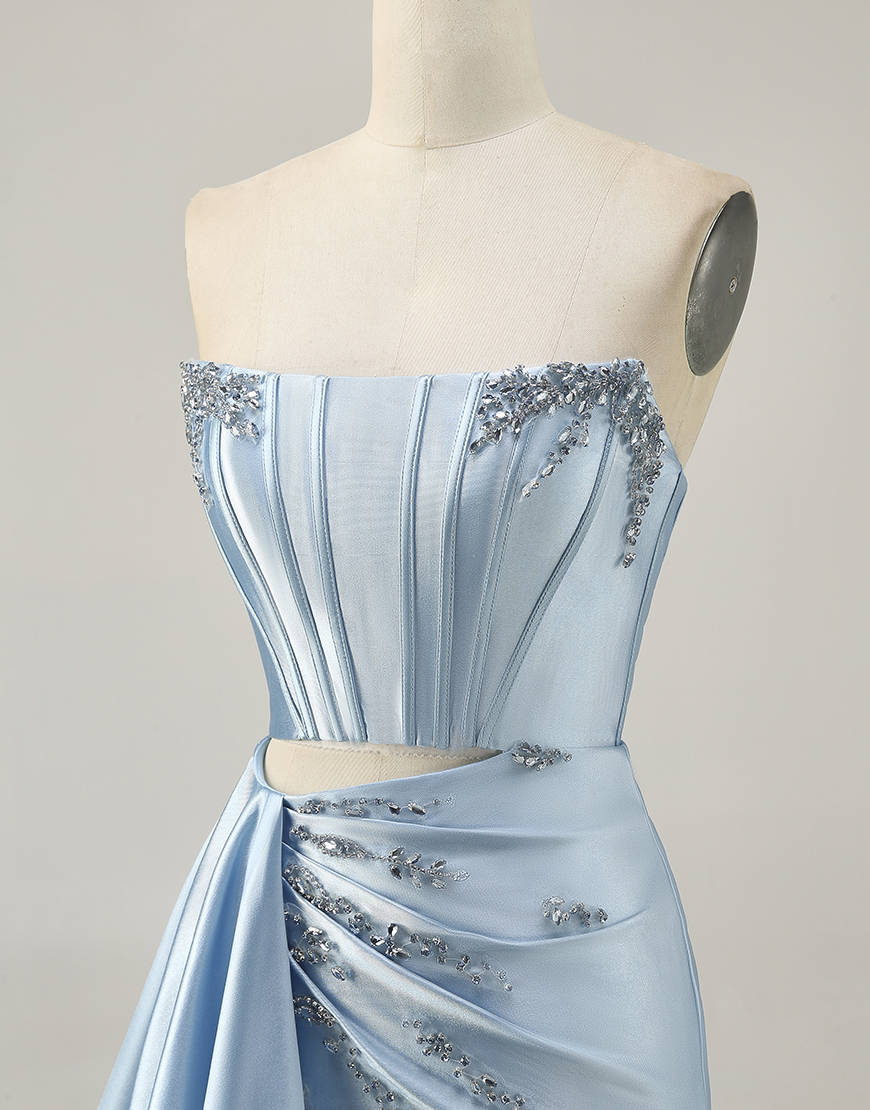 Sparkly Dark Green Strapless Satin Short Corset Homecoming Dress with Sash