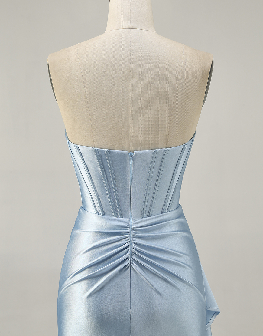 Sparkly Dark Green Strapless Satin Short Corset Homecoming Dress with Sash