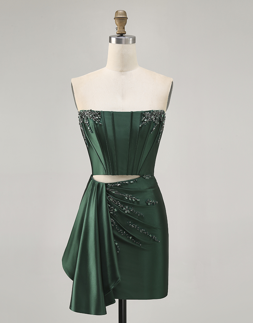 Sparkly Dark Green Strapless Satin Short Corset Homecoming Dress with Sash