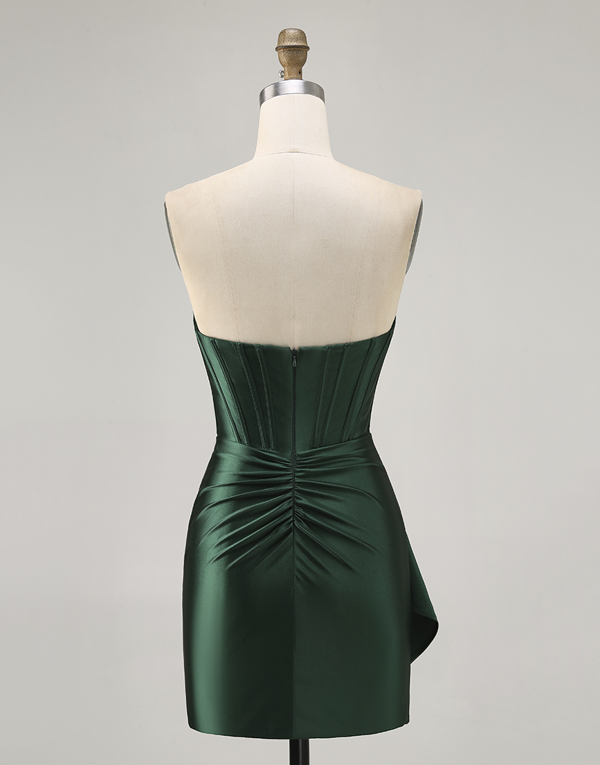 Sparkly Dark Green Strapless Satin Short Corset Homecoming Dress with Sash
