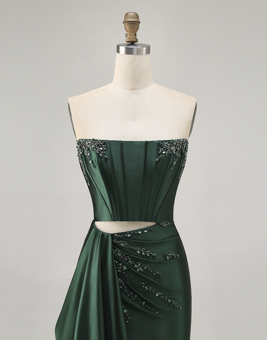 Sparkly Dark Green Strapless Satin Short Corset Homecoming Dress with Sash