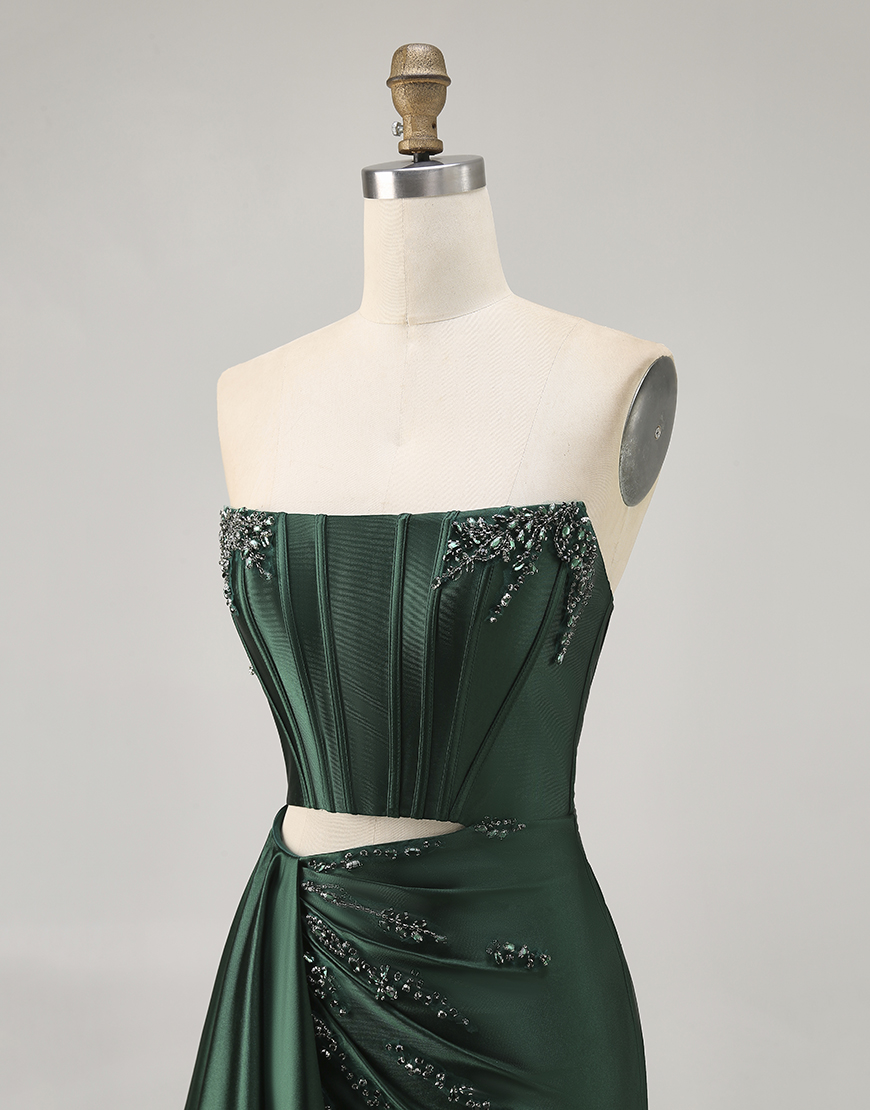 Sparkly Dark Green Strapless Satin Short Corset Homecoming Dress with Sash
