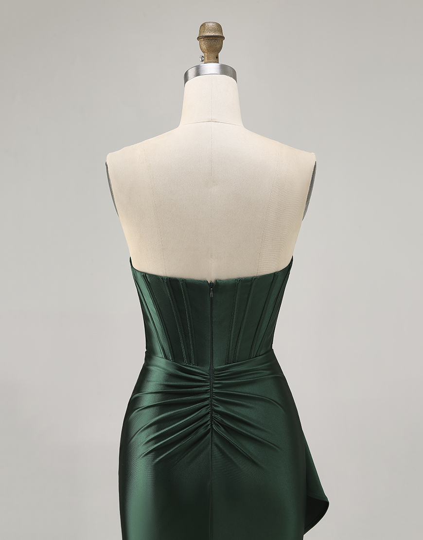 Sparkly Dark Green Strapless Satin Short Corset Homecoming Dress with Sash
